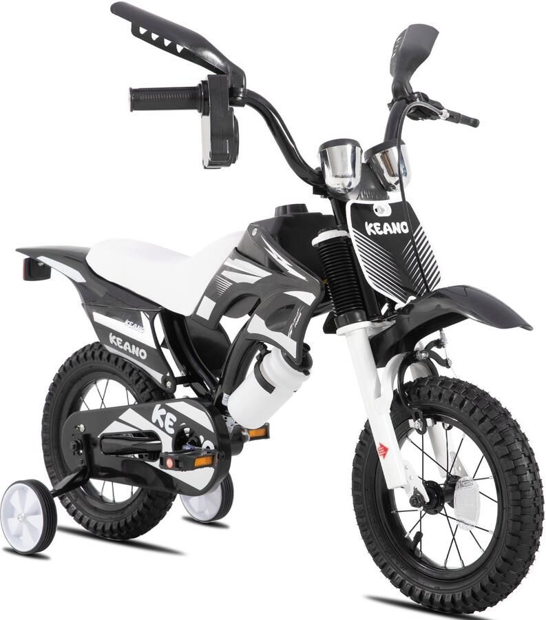 Keano Motocross Stoere Kinderfiets 12 Inch Voor & (2-4 jaar) Met Zijwieltjes & Nummerbord Zwart