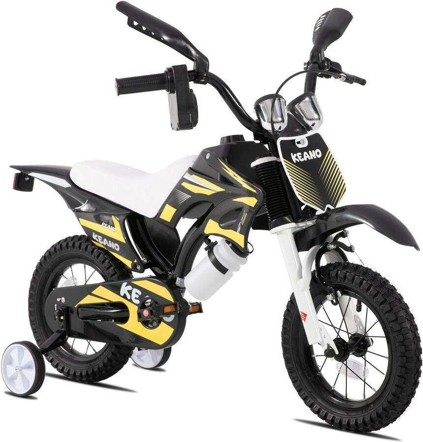 Keano Motocross Stoere Kinderfiets 12 Inch Voor & (2-4 jaar) Met Zijwieltjes & Nummerbord Geel