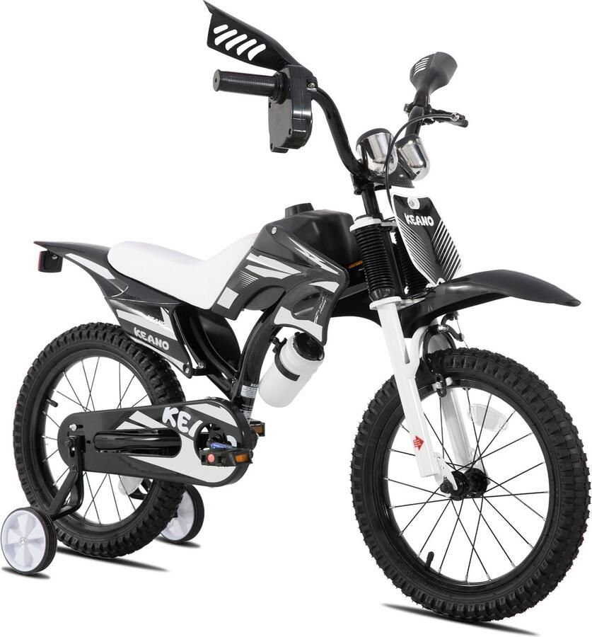 Keano Motocross Stoere Kinderfiets 16 Inch Voor & (4-7 jaar) Met Zijwieltjes & Nummerbord Zwart