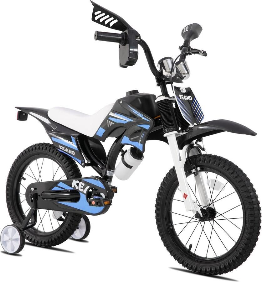 Keano Motocross Stoere Kinderfiets 16 Inch Voor & (4-7 jaar) Met Zijwieltjes & Nummerbord Blauw