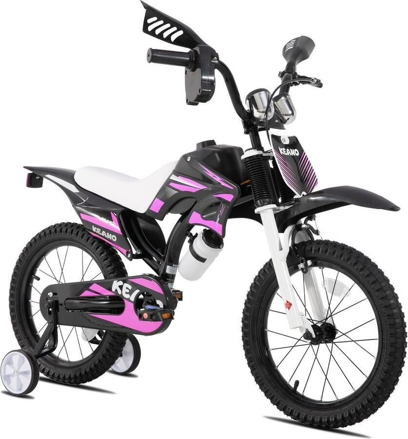 Keano Motocross Stoere Kinderfiets 16 Inch Voor & (4-7 jaar) Met Zijwieltjes & Nummerbord Roze
