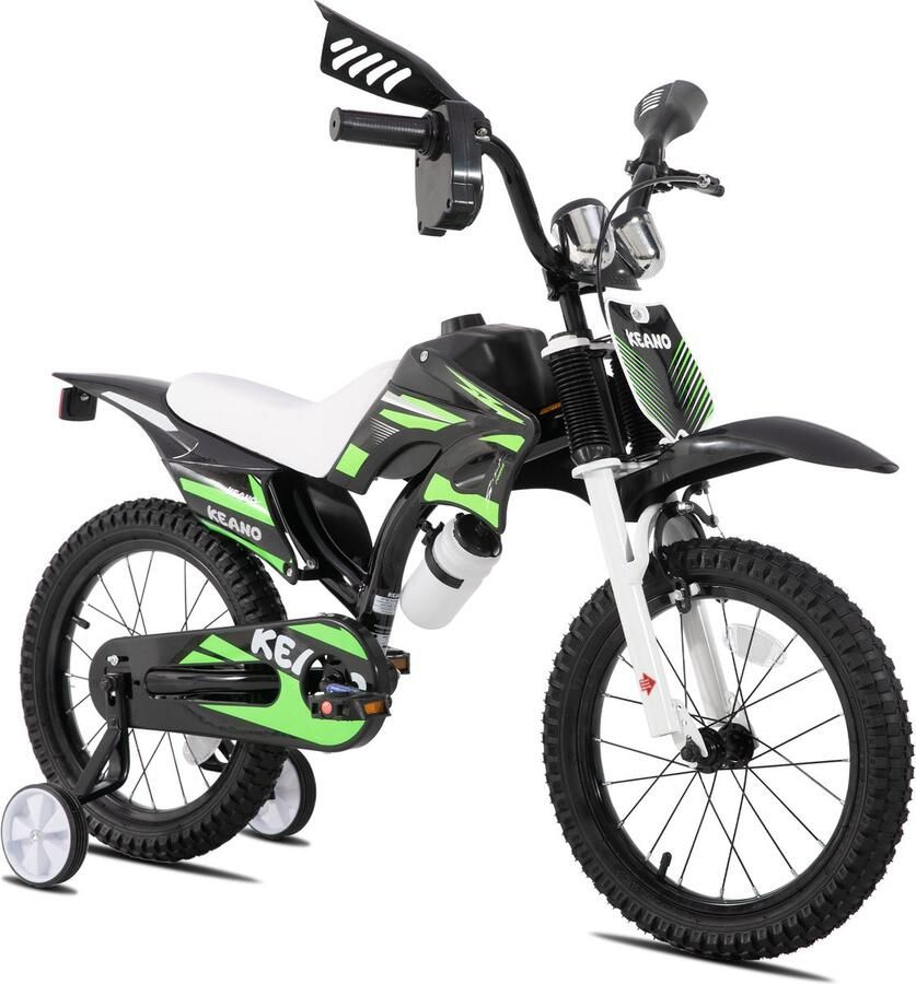 Keano Motocross Stoere Kinderfiets 16 Inch Voor & (4-7 jaar) Met Zijwieltjes & Nummerbord Groen