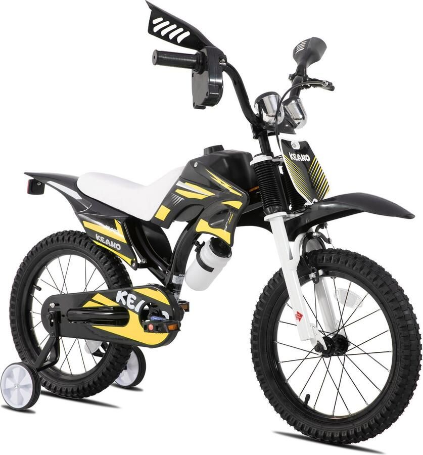 Keano Motocross Stoere Kinderfiets 16 Inch Voor & (4-7 jaar) Met Zijwieltjes & Nummerbord Geel