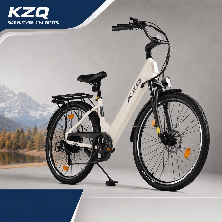 KZQ witte stadsfiets A32 (26 inch) frame van koolstofstaal 36V 12 8Ah accu en 250W motor geschikt voor woon-werkverkeer en recreatief fietsen