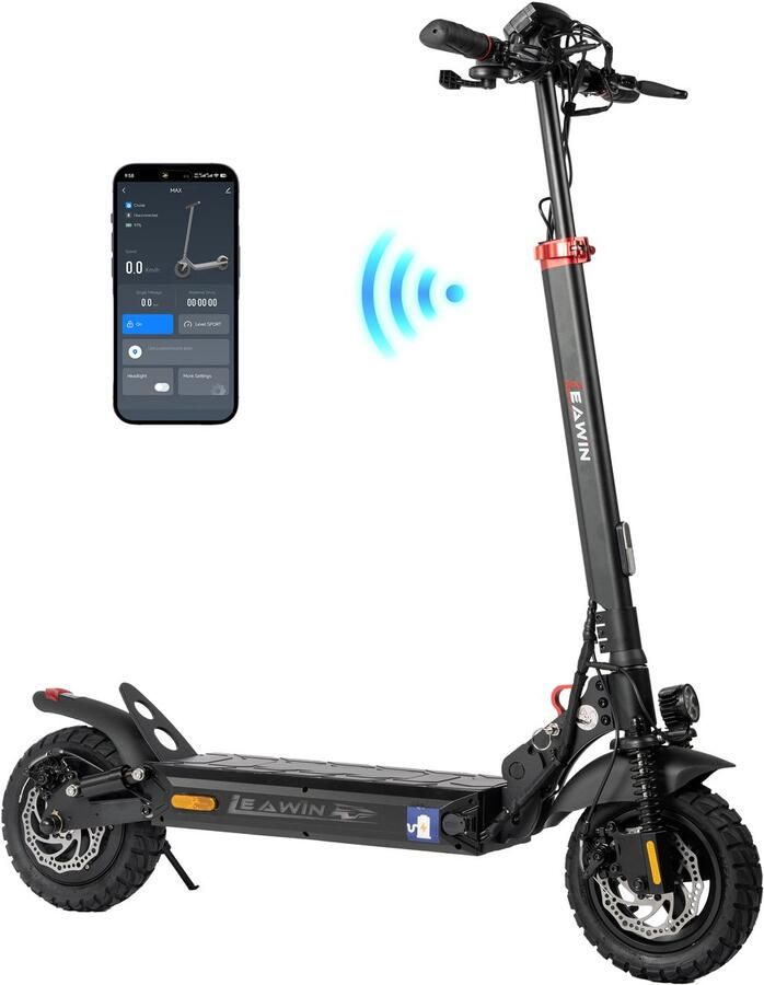 Leawin T4EU Elektrische Step Actieradius 60 km 873 Wh Accu 500W Motor Slimme bediening via Bluetooth en App Anti-diefstalmodus- 10 inch opblaasbare banden Opvouwbare Hoogwaardige voor- en achtervering HD-display