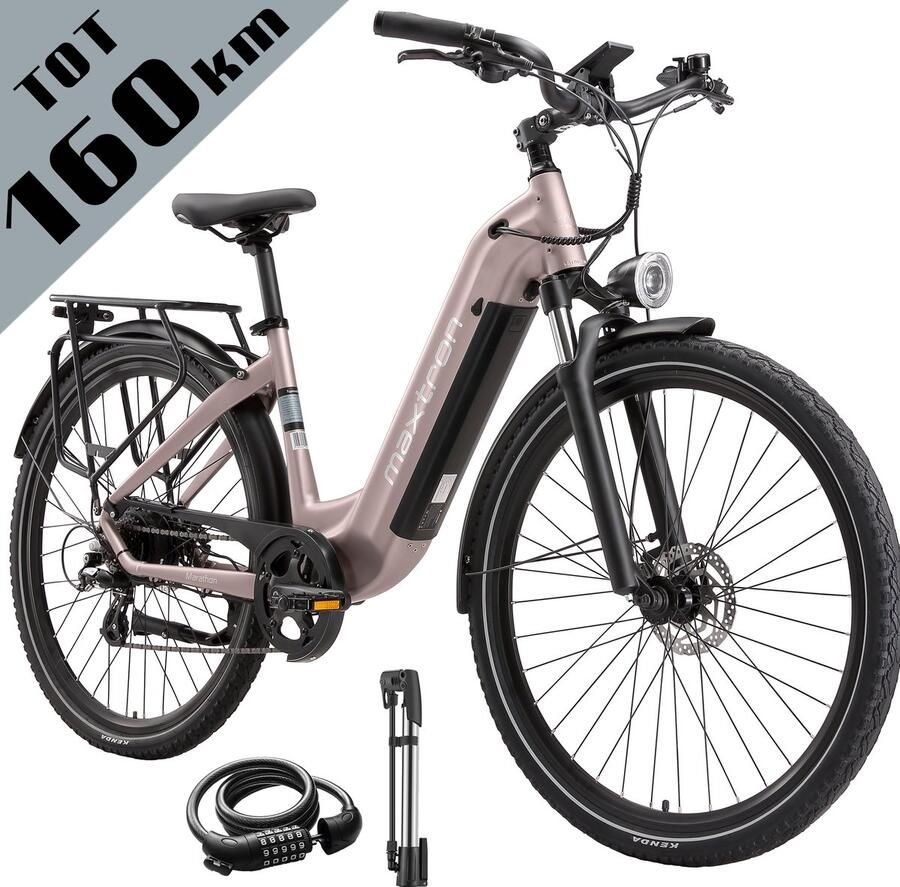Maxtron Marathon Elektrische Fiets – 810Wh Accu (22.5Ah) – Actieradius tot 160 km – 700C×50C Banden – Shi o 7 Versnellingen – Aluminium Frame – Verende Voorvork met Lock-out – Hydraulische Schijfrem – Stadsfiets – Max. Belastbaar 120 kg – Goud