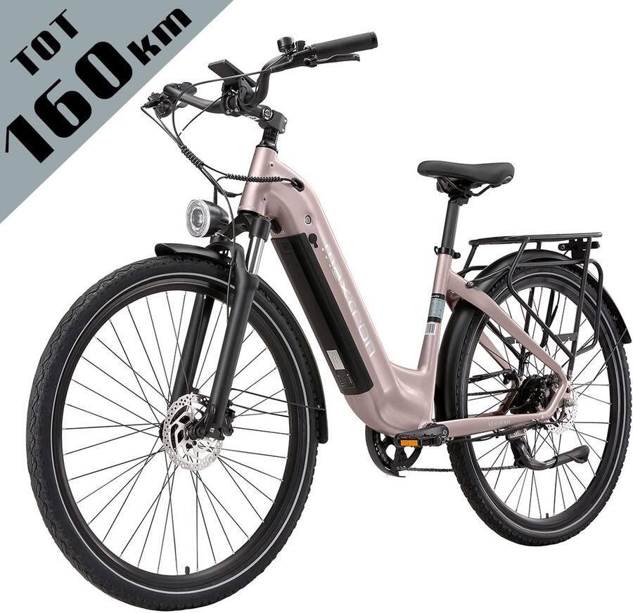 Maxtron Marathon Elektrische Fiets Extra Lange Actieradius tot 160 km Krachtige 810Wh Accu 27.5 Inch Banden Schijfrem Max. Belasting 120 kg Geschikt voor 160–200 cm Elektrische Stadsfiets Goud