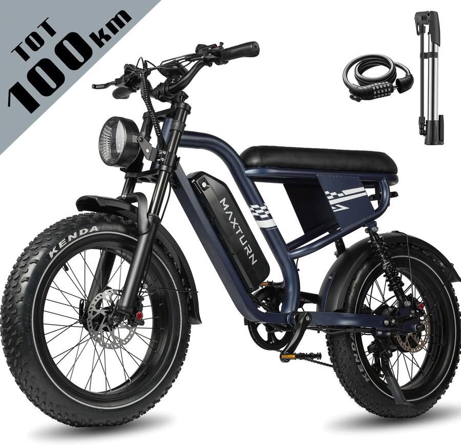 Maxtron MAX10 Elektrische Fiets – 48V 13.5Ah Accu – Actieradius tot 100 km – 20×4.0 Inch Fatbike Banden – Dubbele Verende Voorvork (Aluminium Staal) – Shi o 7 Versnellingen – Mechanische Schijfrem – Stadsfiets – Max. Belastbaar 180 kg –Blauw