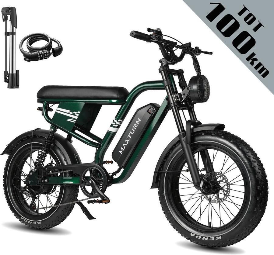 Maxtron MAX10 Elektrische Fiets – 48V 13.5Ah Accu – Actieradius tot 100 km – 20×4.0 Inch Fatbike Banden – Dubbele Verende Voorvork (Aluminium Staal) – Shi o 7 Versnellingen – Mechanische Schijfrem – Stadsfiets – Max. Belastbaar 180 kg –Groen