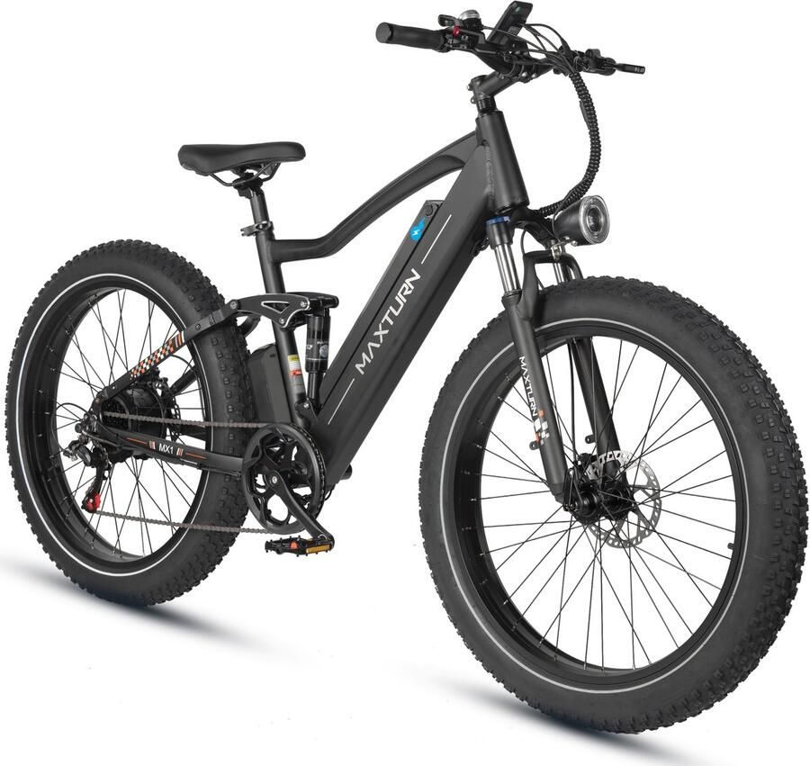 Maxtron MX1 Elektrische Fiets – 624Wh Accu – Actieradius tot 100 km – 26×4.0 Inch Fatbike Banden – Shi o 7 Versnellingen – Verende Voorvork (Aluminium Staal) – Mechanische Schijfrem – Stadsfiets – Max. Belastbaar 120 kg – Zwart