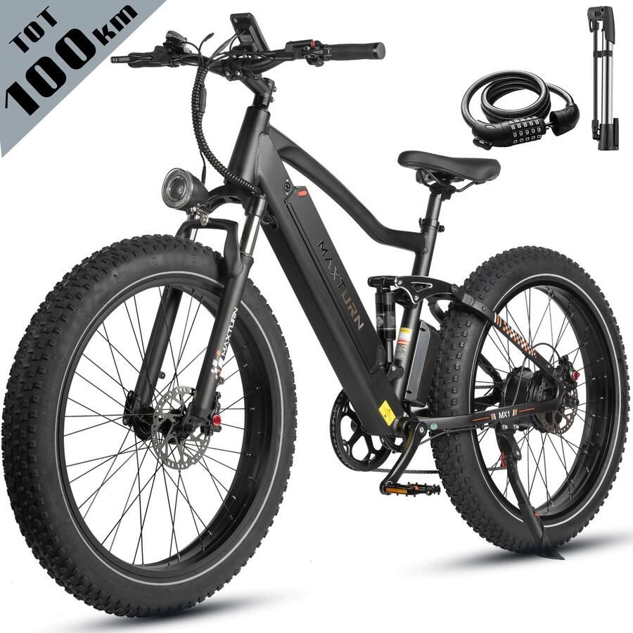 Maxtron MX1 Elektrische Fiets – 624Wh Accu – Actieradius tot 100 km – 26×4.0 Inch Fatbike Banden – Shi o 7 Versnellingen – Verende Voorvork (Aluminium Staal) – Mechanische Schijfrem – Stadsfiets – Max. Belastbaar 120 kg – Zwart