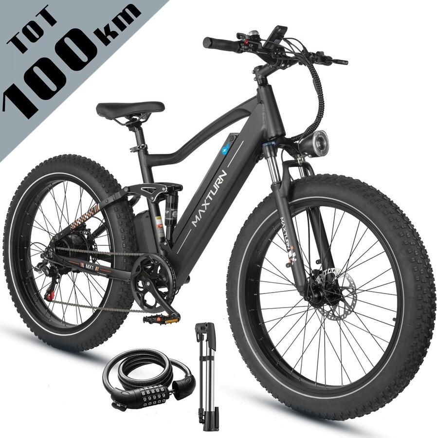 Maxtron MX1 Elektrische Fiets – 624Wh Accu – Actieradius tot 100 km – 26×4.0 Inch Fatbike Banden – Shi o 7 Versnellingen – Verende Voorvork (Aluminium Staal) – Mechanische Schijfrem – Stadsfiets – Max. Belastbaar 120 kg – Zwart - Foto 3