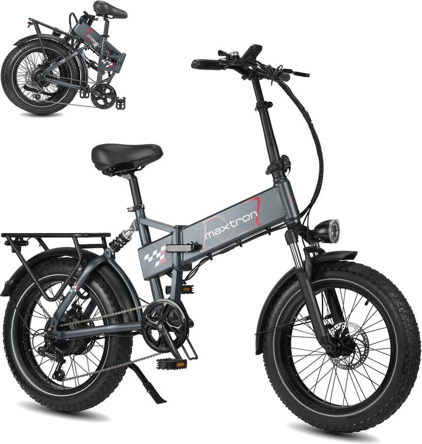 Maxtron Polaris Elektrische Fiets – Opvouwbare E-bike – 624Wh Accu – Actieradius tot 45 km – 20×4.0 Inch Fatbike Banden – Shi o 7 Versnellingen – Aluminium Verende Voorvork – Schijfrem – Stadsfiets – Max. Belastbaar 120 kg – Grijs
