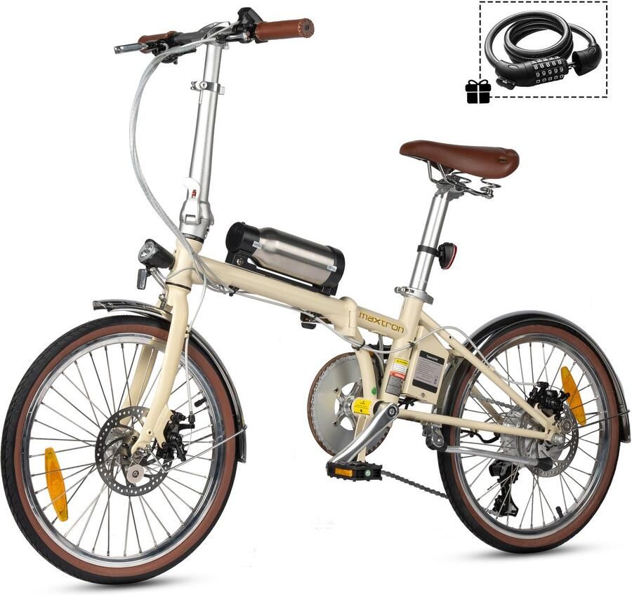 Maxtron Smart20 Elektrische Fiets – Opvouwbare E-bike – 36V 5.2Ah Lithium Accu – Actieradius tot 40 km – 20×1.35 inch Banden – Aluminium Voorvork – Shi o 7 Versnellingen – Mechanische Schijfrem – Stadsfiets – Max. Belastbaar tot 100 kg – Beige