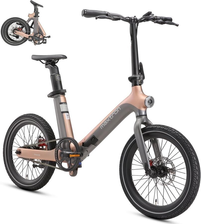 Maxtron Smart30 Elektrische Vouwfiets – E-bike – 346Wh Accu – Actieradius tot 70 km – 20×2.125 Inch Banden – Riemaandrijving – Aluminium Frame – Mechanische Schijfrem – Stadsfiets – Max. Belastbaar 120 kg– Goudgrijs - Foto 2