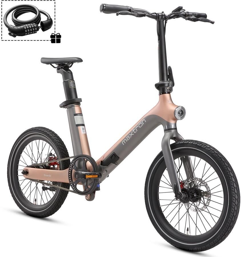 Maxtron Smart30 Elektrische Vouwfiets – E-bike – 346Wh Accu – Actieradius tot 70 km – 20×2.125 Inch Banden – Riemaandrijving – Aluminium Frame – Mechanische Schijfrem – Stadsfiets – Max. Belastbaar 120 kg– Goudgrijs - Foto 2