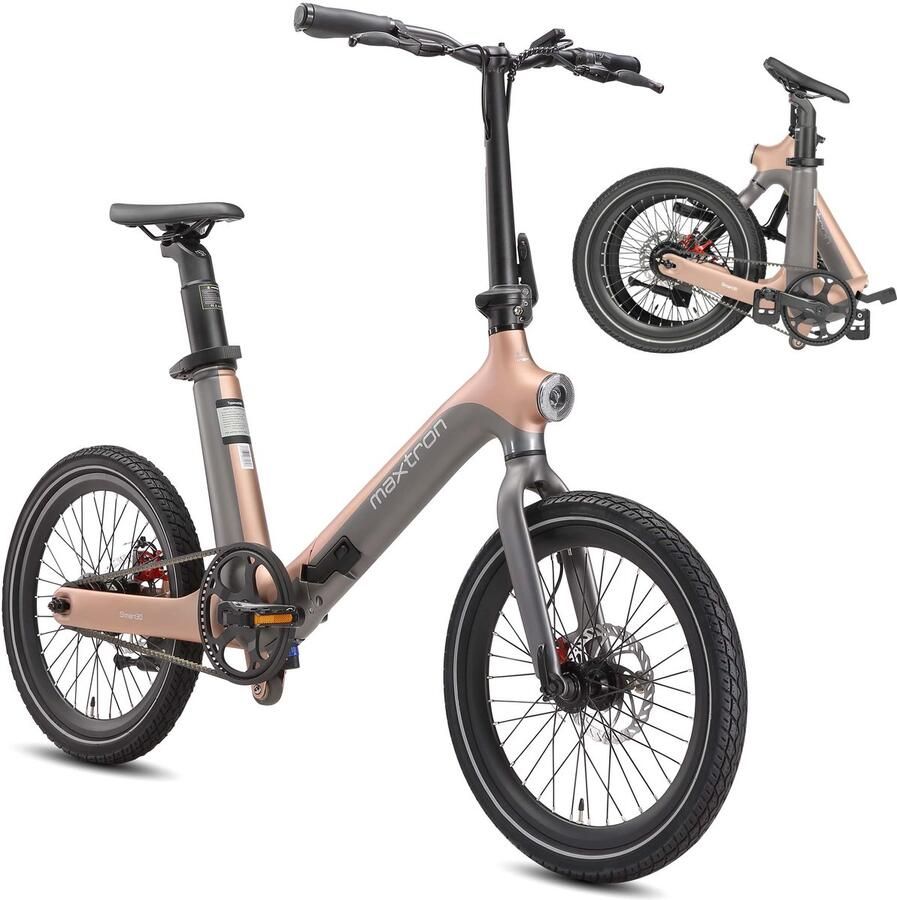 Maxtron Smart30 Elektrische Fiets – Opvouwbare E-bike – 36V 9.6Ah Accu – Actieradius tot 60 km – 20×2.125 Inch Banden – Aluminium Voorvork – Mechanische Schijfrem – Stadsfiets – Max. Belastbaar 120 kg – Goudgrijs - Foto 2