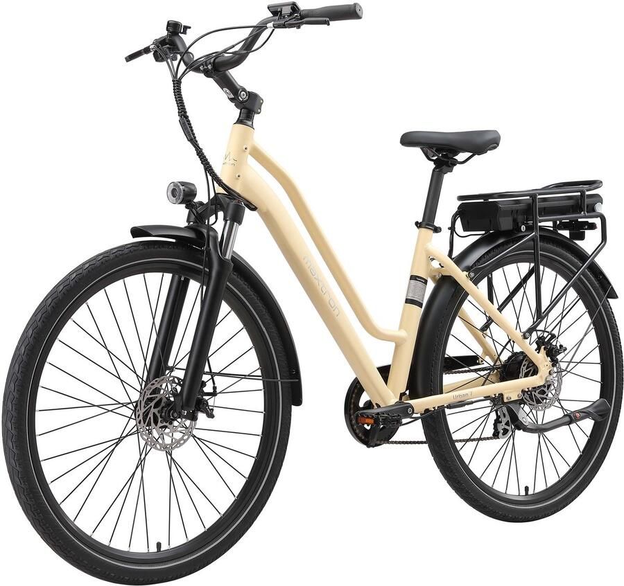 Maxtron Urban7 Elektrische Fiets – 36V 12.8Ah Accu – Actieradius tot 70 km – 27.5×2.0 Inch Banden – Aluminium Verende Voorvork – Shi o RD-M310 – Mechanische Schijfrem – Stadsfiets – Max. Belastbaar 120 kg–Beige - Foto 2