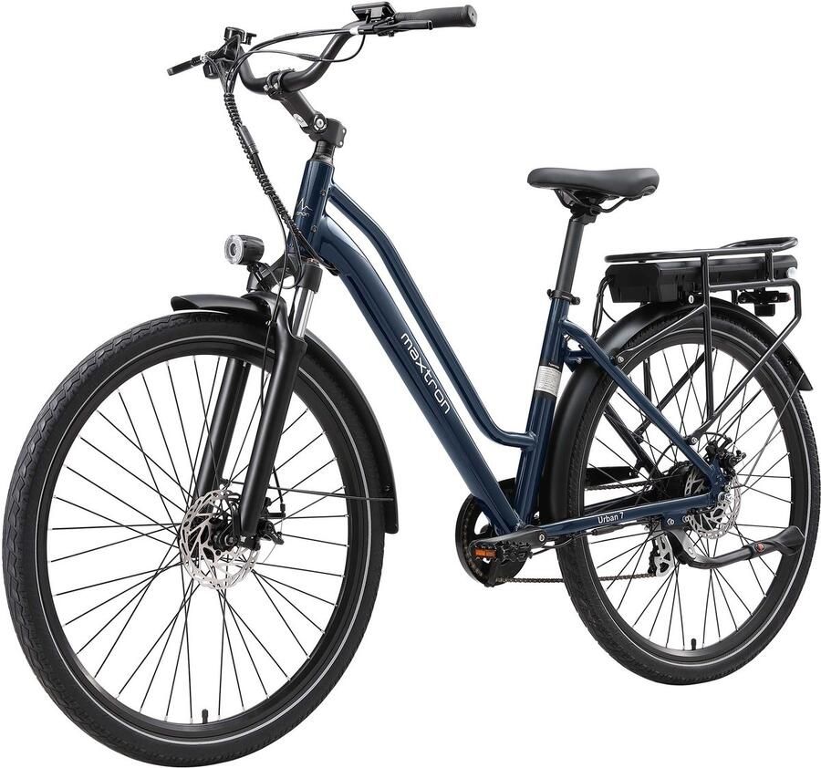 Maxtron Urban7 Elektrische Fiets – 36V 12.8Ah Accu – Actieradius tot 70 km – 27.5×2.0 Inch Banden Aluminium Verende Voorvork – Shi o RD-M310 – Mechanische Schijfrem – Stadsfiets – Max. Belastbaar 120 kg – Blauw - Foto 2