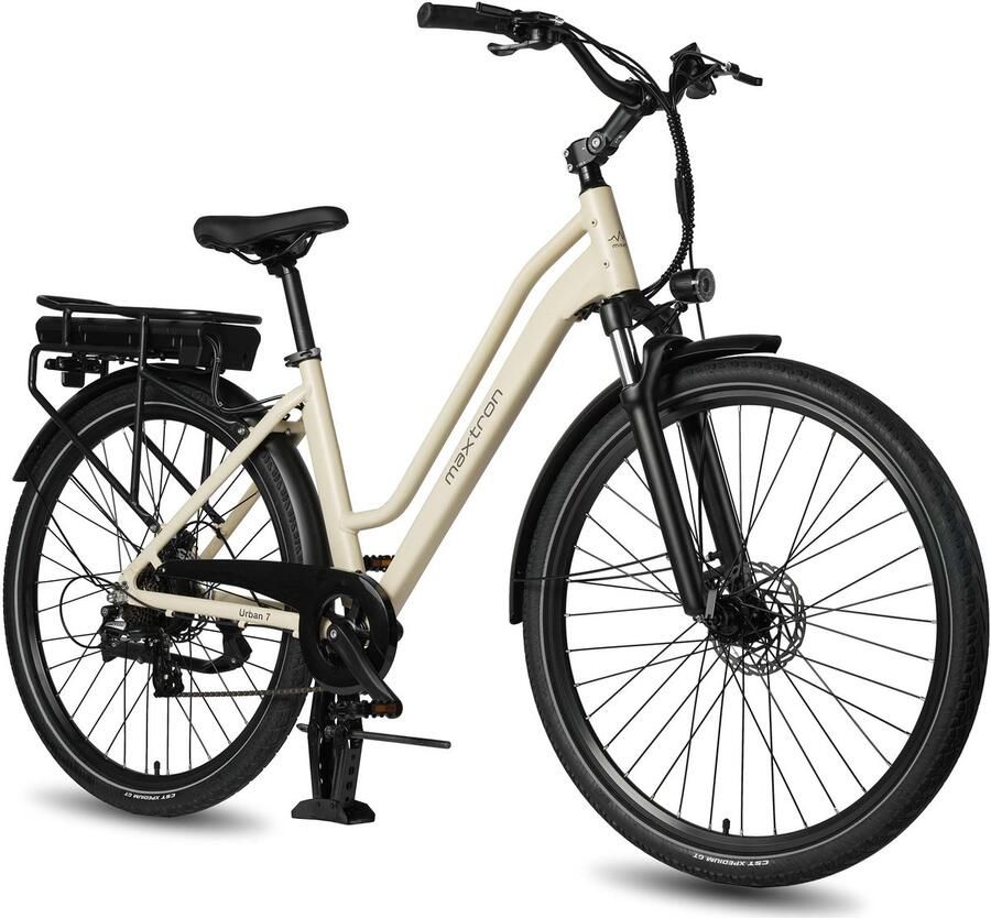Maxtron Urban7 Elektrische Fiets – 36V 12.8Ah Accu – Actieradius tot 70 km – 27.5×2.0 Inch Banden – Aluminium Verende Voorvork – Shi o RD-M310 – Mechanische Schijfrem – Stadsfiets – Max. Belastbaar 120 kg–Beige