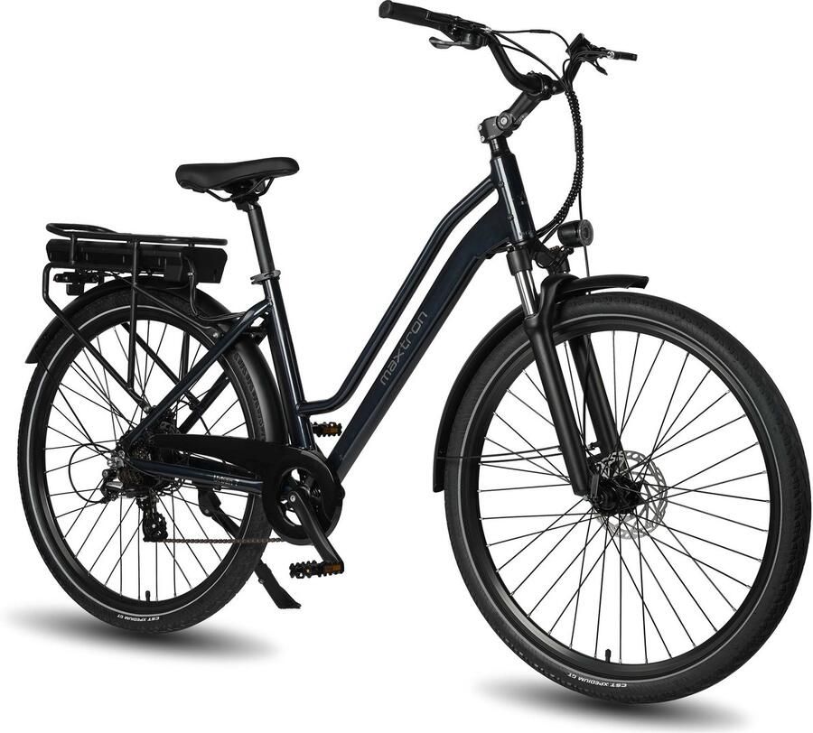 Maxtron Urban7 Elektrische Fiets – 36V 12.8Ah Accu – Actieradius tot 70 km – 27.5×2.0 Inch Banden Aluminium Verende Voorvork – Shi o RD-M310 – Mechanische Schijfrem – Stadsfiets – Max. Belastbaar 120 kg – Blauw