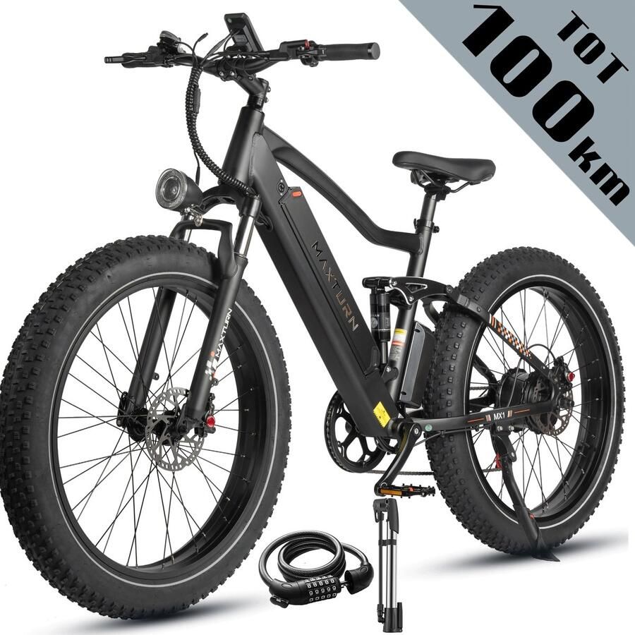 Maxtron MX1 Elektrische Fiets – 624Wh Accu – Actieradius tot 100 km – 26×4.0 Inch Fatbike Banden – Shi o 7 Versnellingen – Verende Voorvork (Aluminium Staal) – Mechanische Schijfrem – Stadsfiets – Max. Belastbaar 120 kg – Zwart