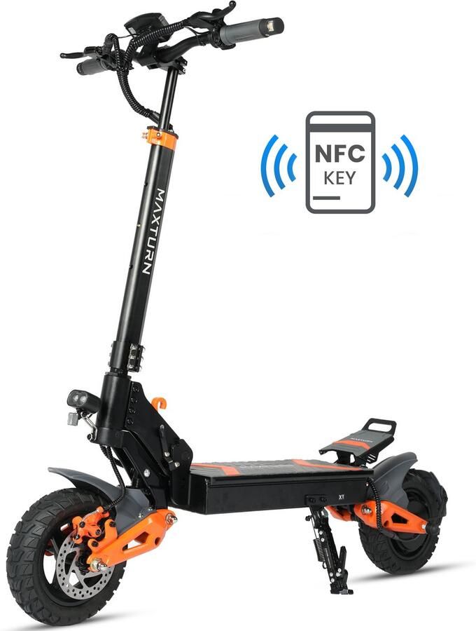 Maxtron X1 Elektrische Step – 749Wh Batterij – 50km Actieradius – 500W Motor – NFC Sleutel Wachtwoord – 10 Tubeless Banden – Voor- en Achter Schijfrem – Opvouwbaar & Lichtgewicht – LED Display – Richtingaanwijzers Links Rechts – Oranje & Zwart