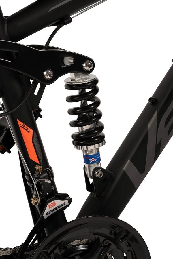 Merax 26 Inch Fully Mountainbike 21 Shi o Versnellingen Dubbele Schijfrem Dubbelwandige Velgen 85% Voorgemonteerd Zwart met Grijs en Oranje