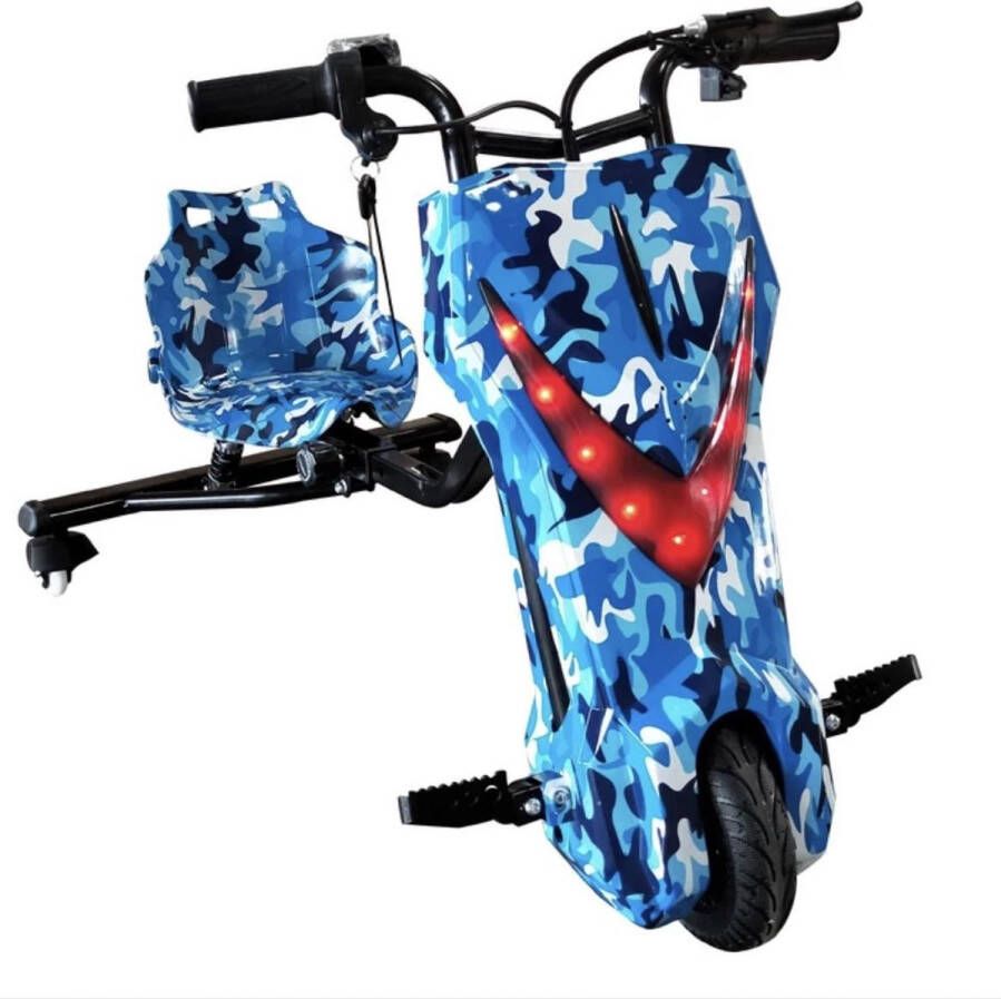 Kick&Move Drift trike 2.0 MET VERING EN VERSTELBAAR ZITJE Drift kart elektrisch Camo Blauw 250W krachtige motor Kick & Move maximale snelheid 20KM 3 rijstanden 2 contactsleutels anti-lek banden snelle verzending