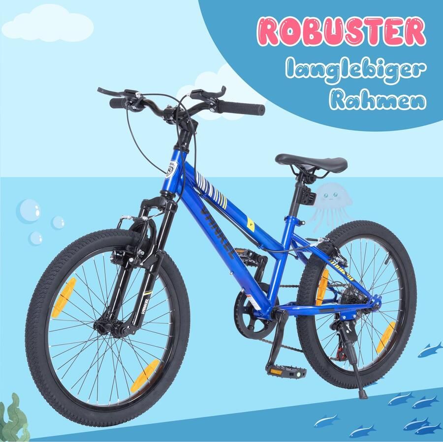 MEUNIQ Kinderfiets mountainbike 20 inch met 6 versnellingen V-brakes voor en achter stalen frame met lage instap en verstelbaar zadel – blauw