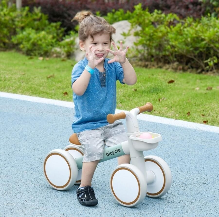 MEUNIQ loopfiets voor kinderen 1-3 jaar met verstelbaar zadel fluisterwielen afneembare d 56 x 27 x 39 cm tot 20 kg wit en groen
