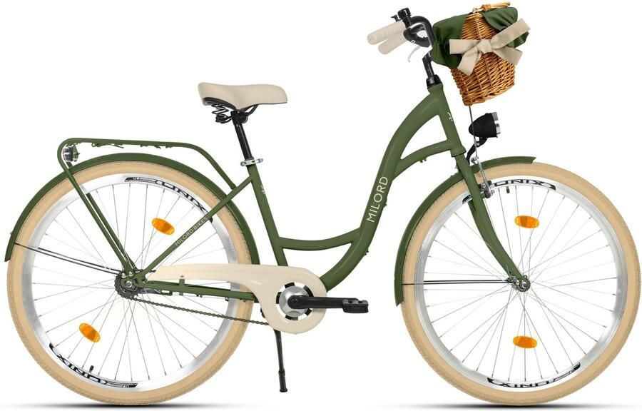 Milord dames stadsfiets 26 inch 1 versnelling khaki met rieten mand