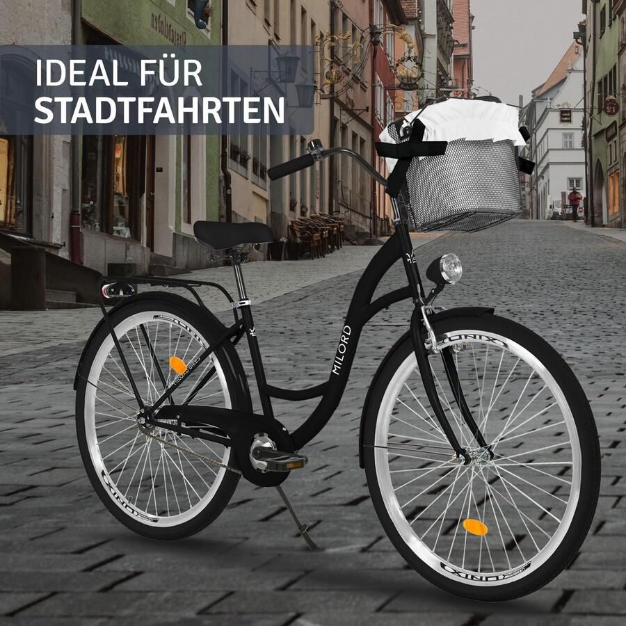 Milord dames stadsfiets 26 inch 1 versnelling zwart frame met mand