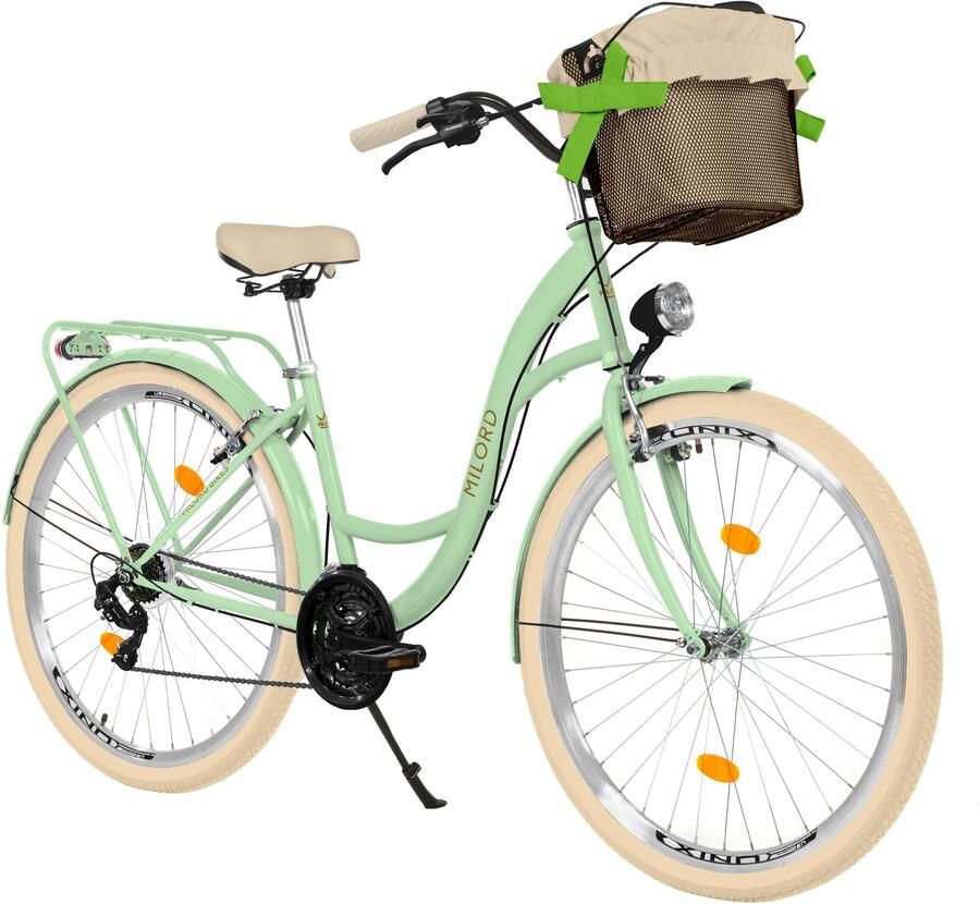 Milord dames stadsfiets 26 inch 21 versnellingen groen frame rieten mand