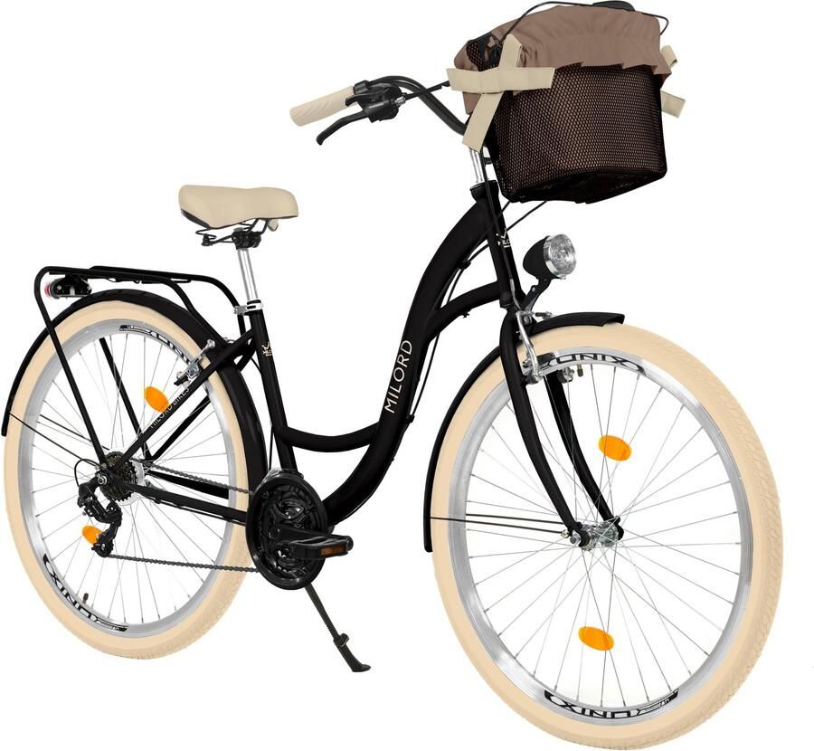 Milord dames stadsfiets 26 inch 21 versnellingen zwart frame rieten mand