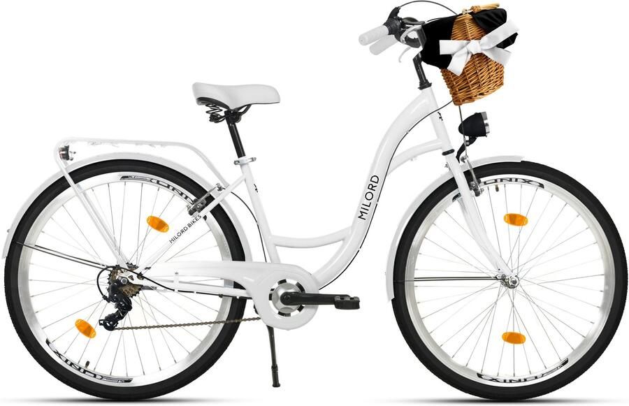 Milord damesfiets met rieten mand stadsfiets 28 inch 7 versnellingen wit frame