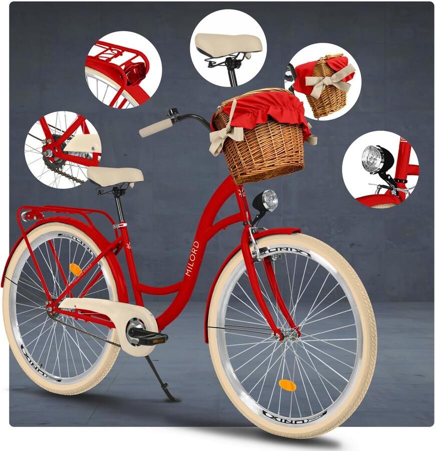 Milord damesfiets 1 versnelling stadsfiets 28 inch met rieten mand rood frame