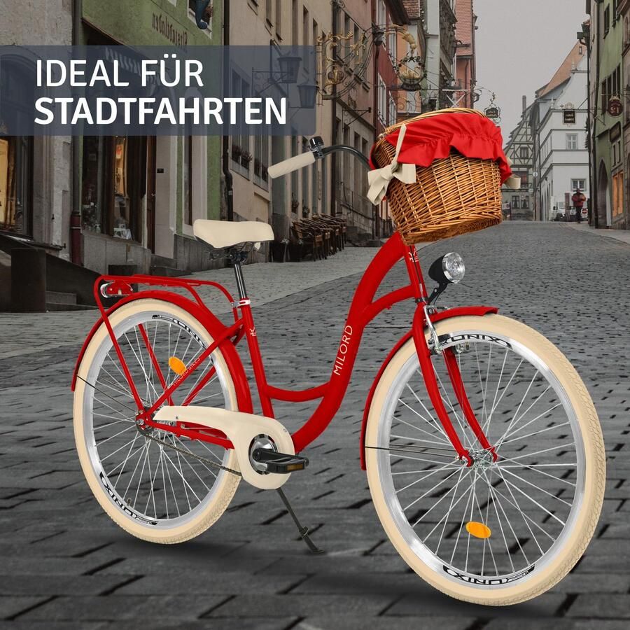 Milord damesfiets 1 versnelling stadsfiets 28 inch met rieten mand rood frame