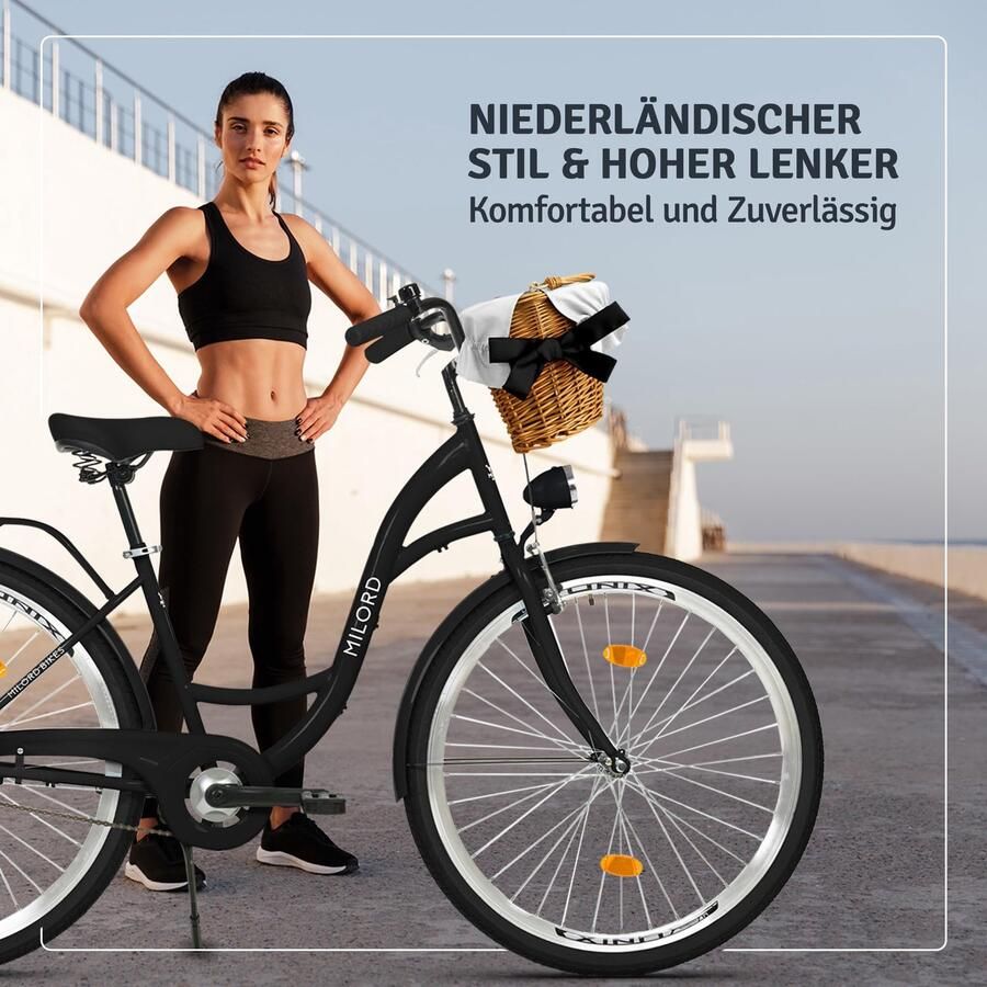 Milord damesfiets 26 inch 1 versnelling zwart frame met rieten mand