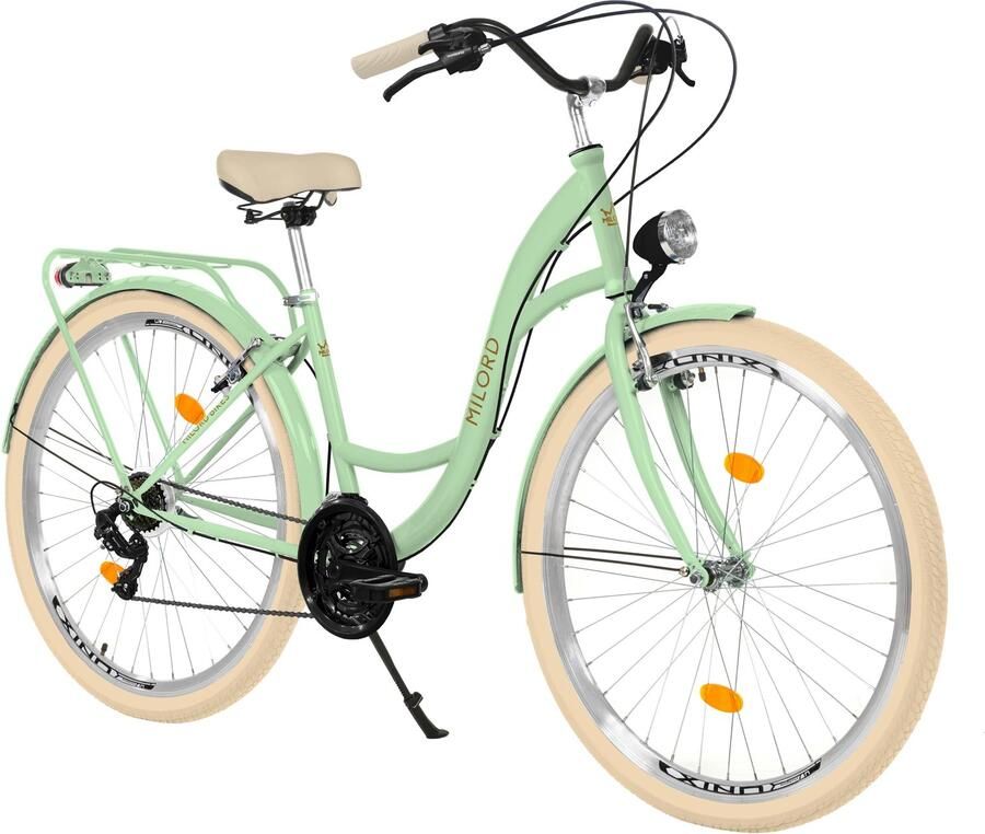 Milord damesfiets stadsfiets 28 inch 21 versnellingen groen frame met metalen mand