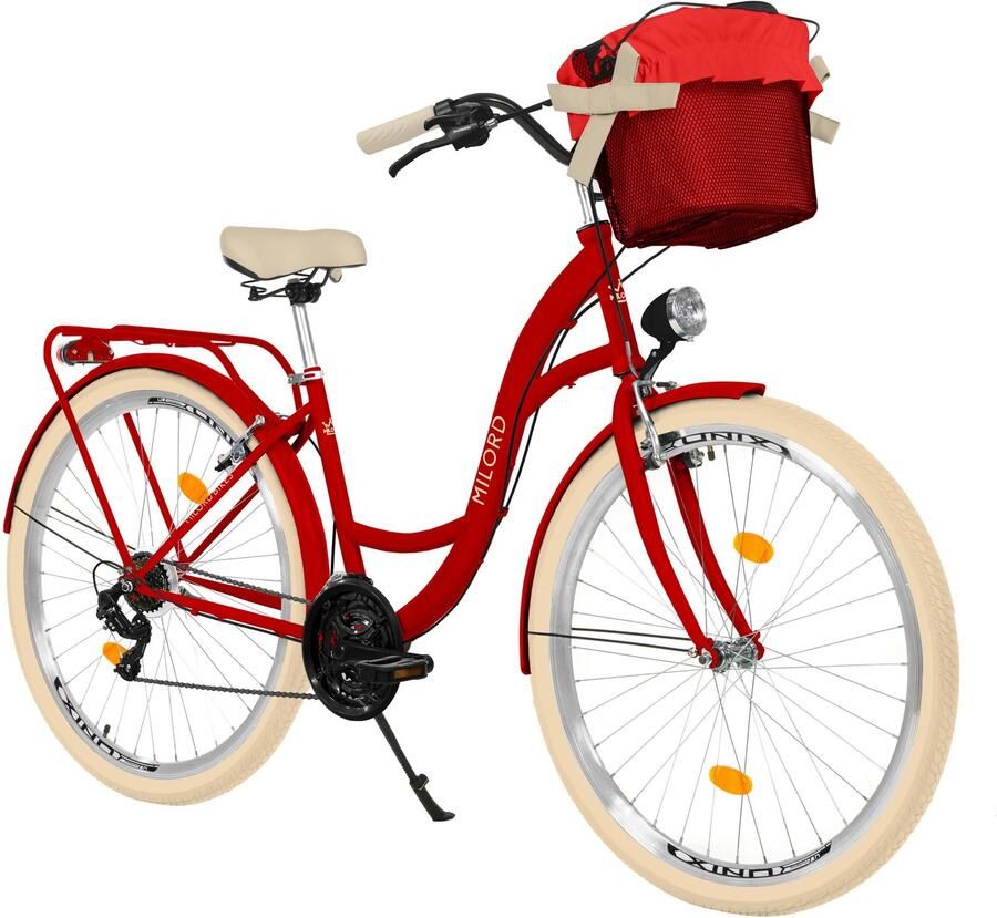 Milord dames stadsfiets 28 inch 21 versnellingen rood frame rieten mand