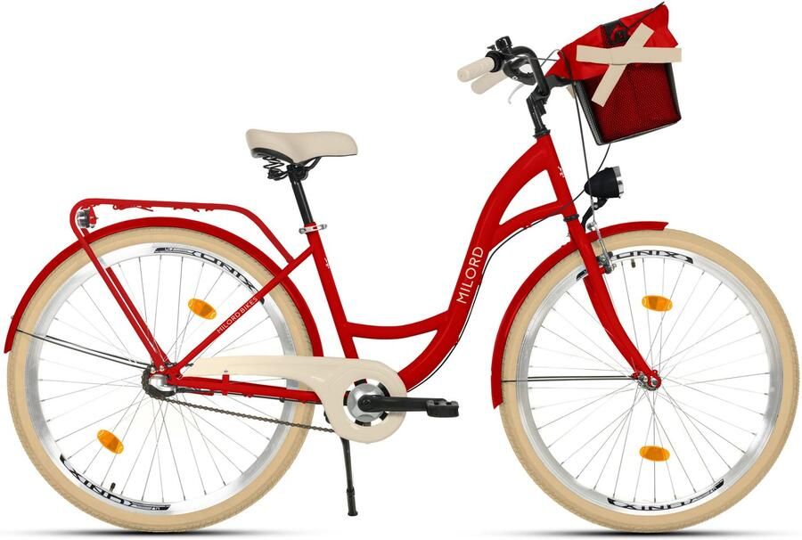 Milord damesfiets stadsfiets 28 inch 3 versnellingen rood frame metalen mand