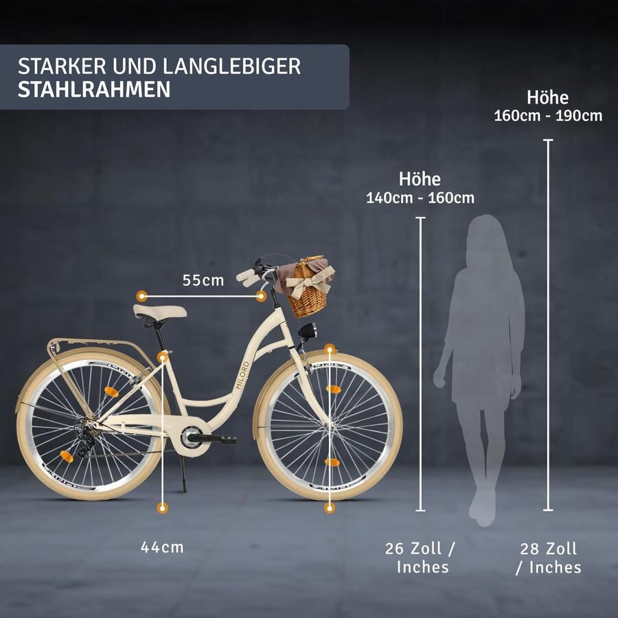 Milord damesfiets 26 inch 7 versnellingen crème frame rieten mand