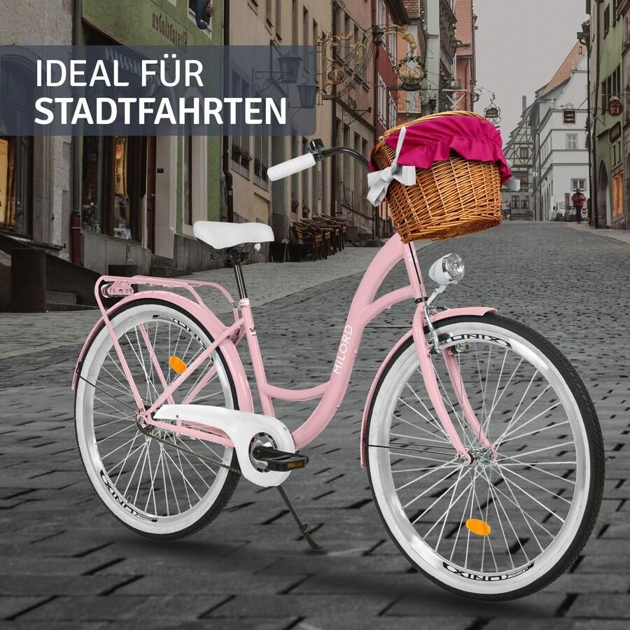 Milord damesfiets 26 inch roze frame 1 versnelling met rieten mand