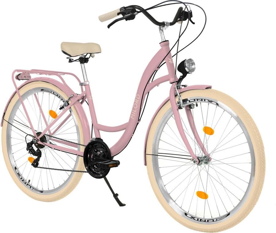 Milord damesfiets 26 inch roze stadsfiets met metalen mand 21 versnellingen