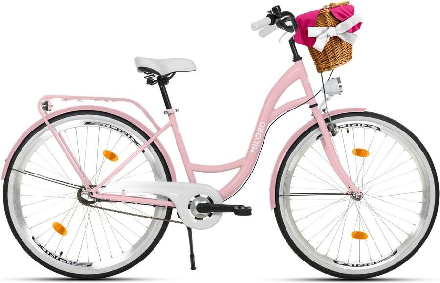 Milord damesfiets 26 inch roze stadsfiets met rieten mand 3 versnellingen
