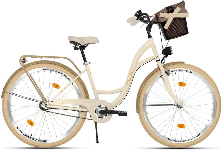 Milord damesfiets 26 inch stadsfiets met metalen mand 3 versnellingen crème frame
