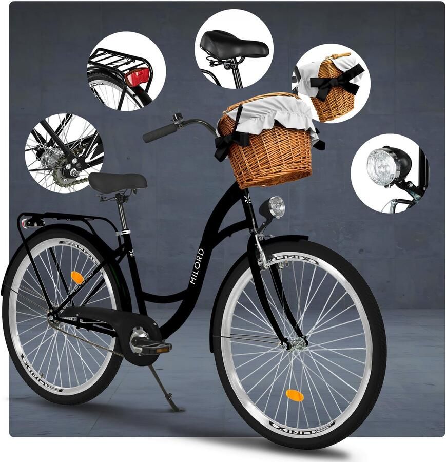 Milord damesfiets 26 inch 1 versnelling zwart frame met rieten mand