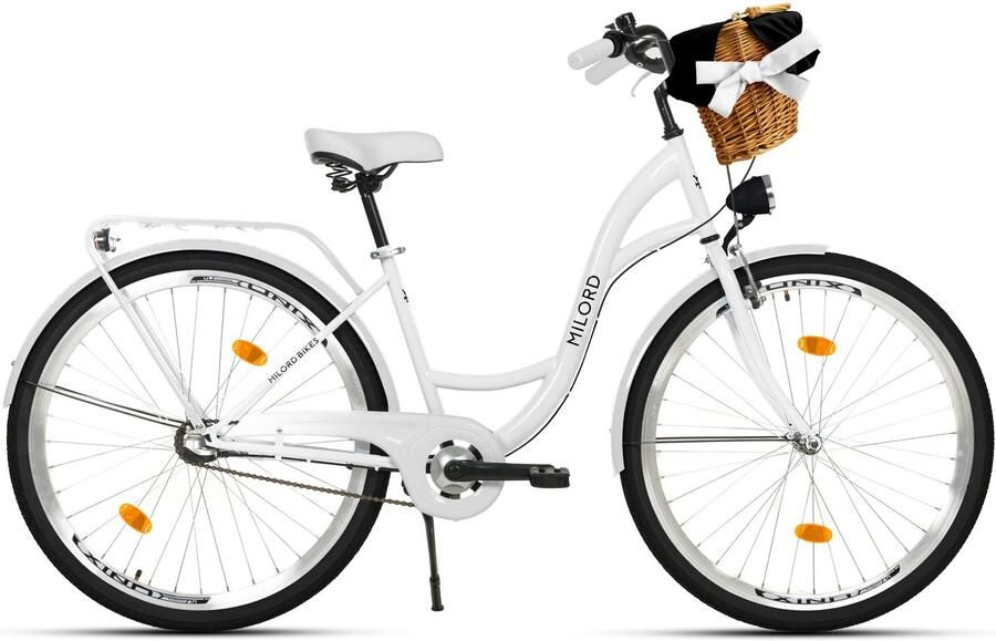 Milord damesfiets 28 inch 3 versnellingen wit frame met rieten mand