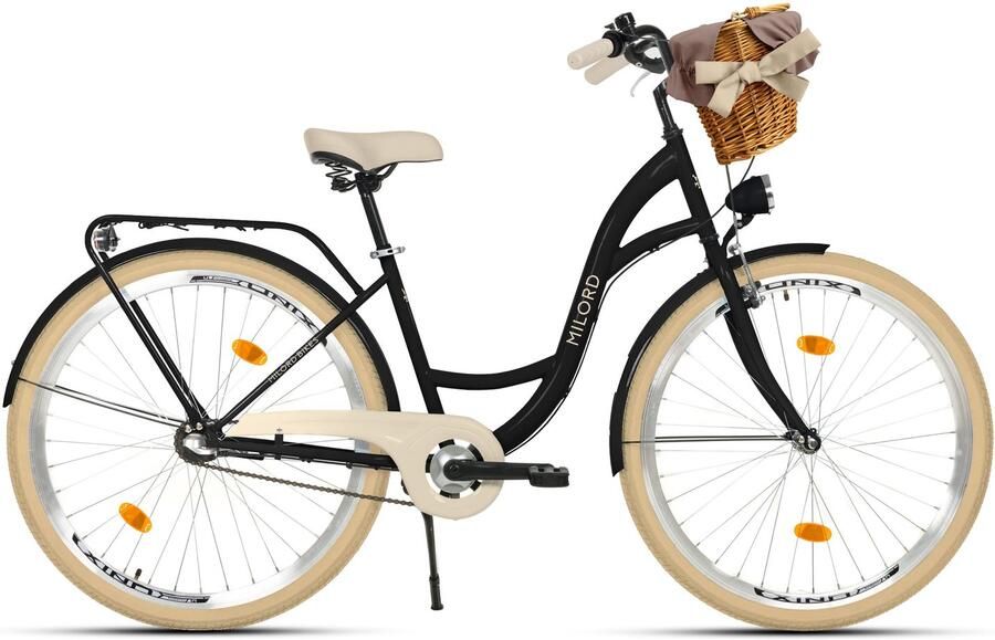 Milord damesfiets 28 inch 3 versnellingen zwart frame rieten mand